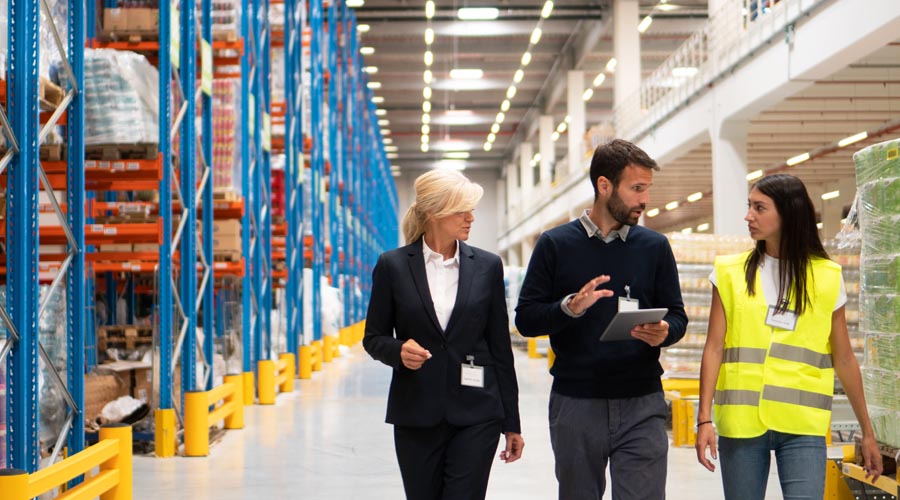 Logistics professionals  conducting a site  inspection in a warehouse